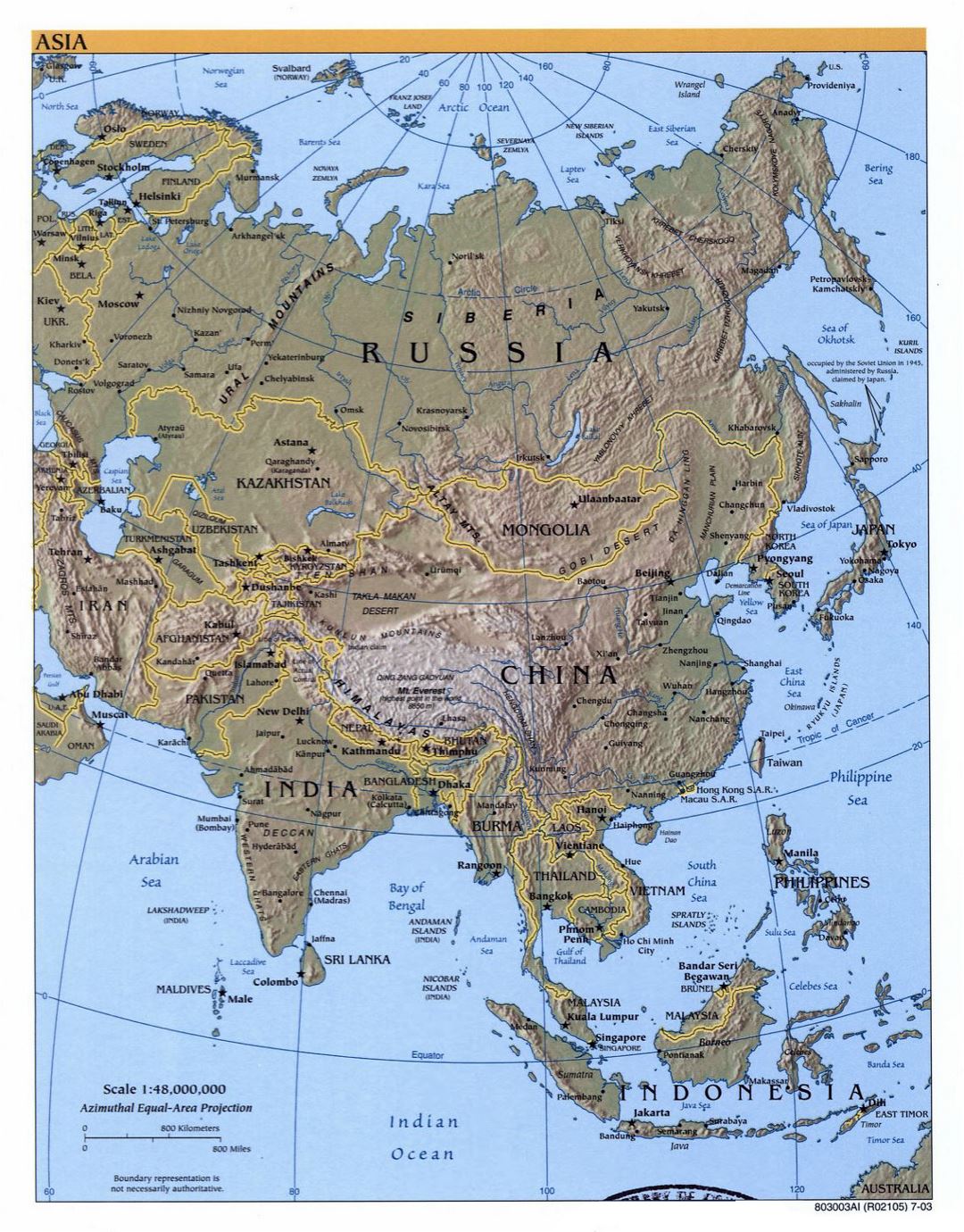 Mapa político detallada de Asia con alivio y capitales - 2003