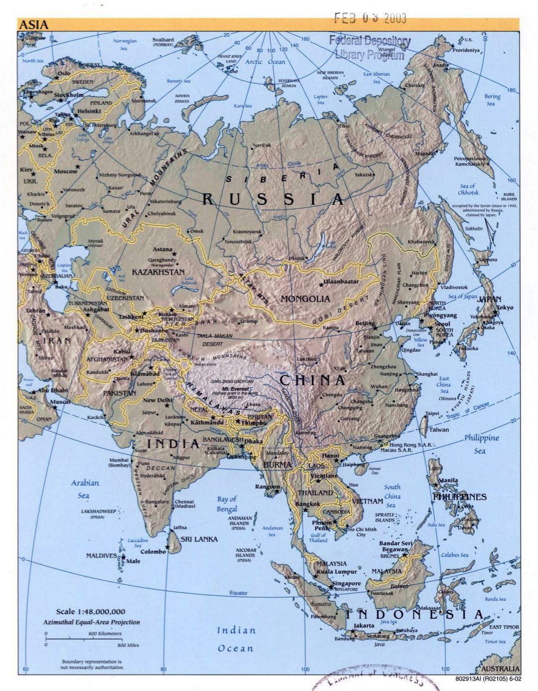 Mapa político grande de Asia, con alivio, las principales ciudades y capitales - 2002