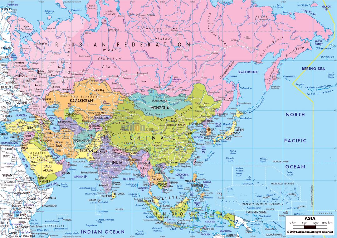Mapa político grande de Asia, con las principales carreteras y ciudades principales