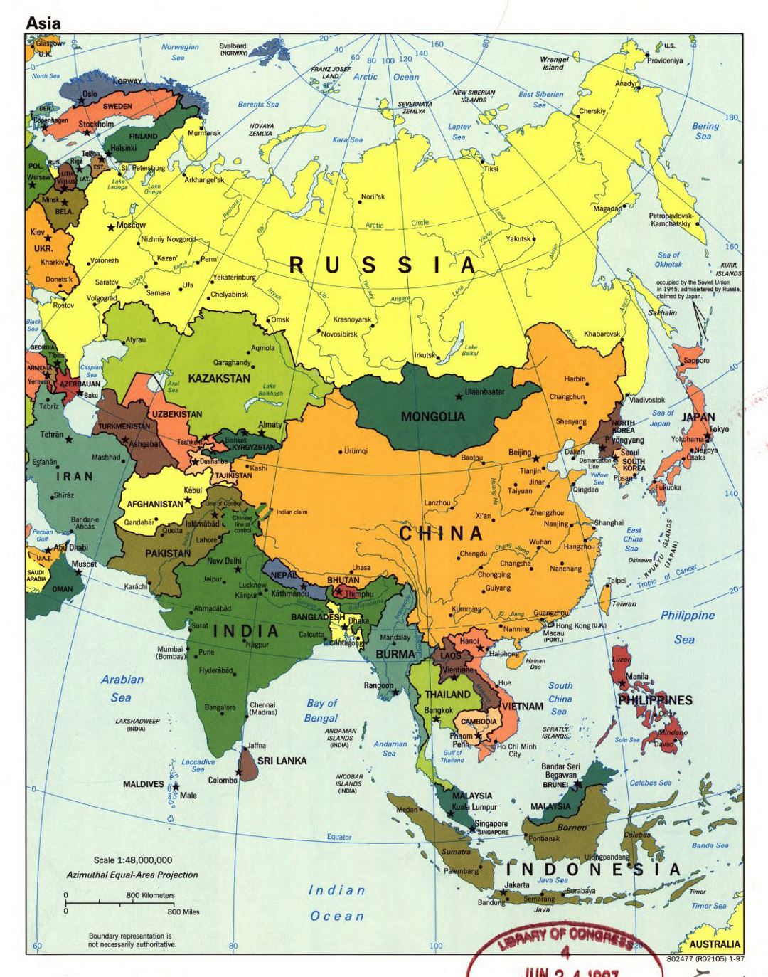 Mapa político grande de Asia con las principales ciudades y capitales - 1997