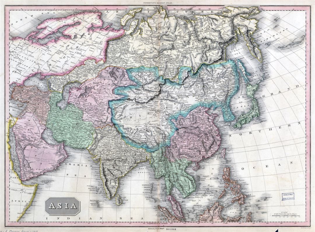 A gran escala Antiguo mapa político detallada de Asia con alivio - 1818
