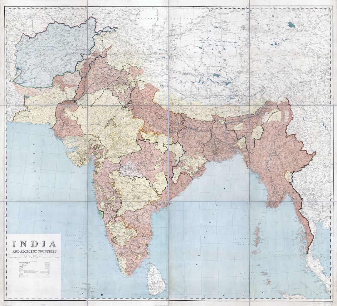 En alta resolución detallado mapa antiguo de la India y los países adyacentes - 1915