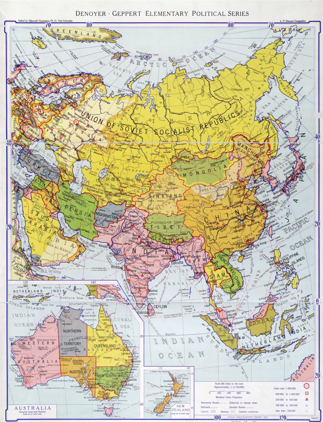 Gran escala detallada Antiguo mapa político de Asia - 1934