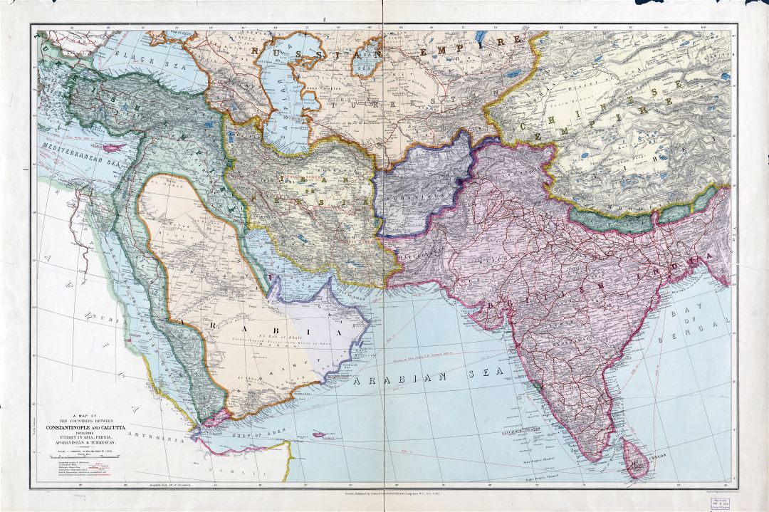 Gran escala detallada viejo mapa de los países entre Constantinopla y Calcuta incluyendo Turquía en Asia, Persia, Afganistán y Turquestán - 1912