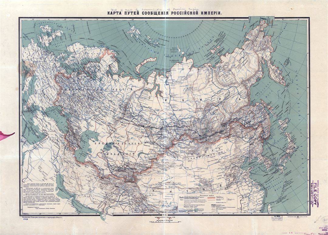 Gran escala mapa detallado de transporte antigua del Imperio ruso con alivio, ferrocarriles, ríos navegables, carreteras, líneas de vapores y ciudades - 1916