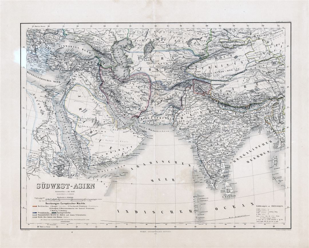 Gran escala viejo mapa del sudoeste de Asia - 1866