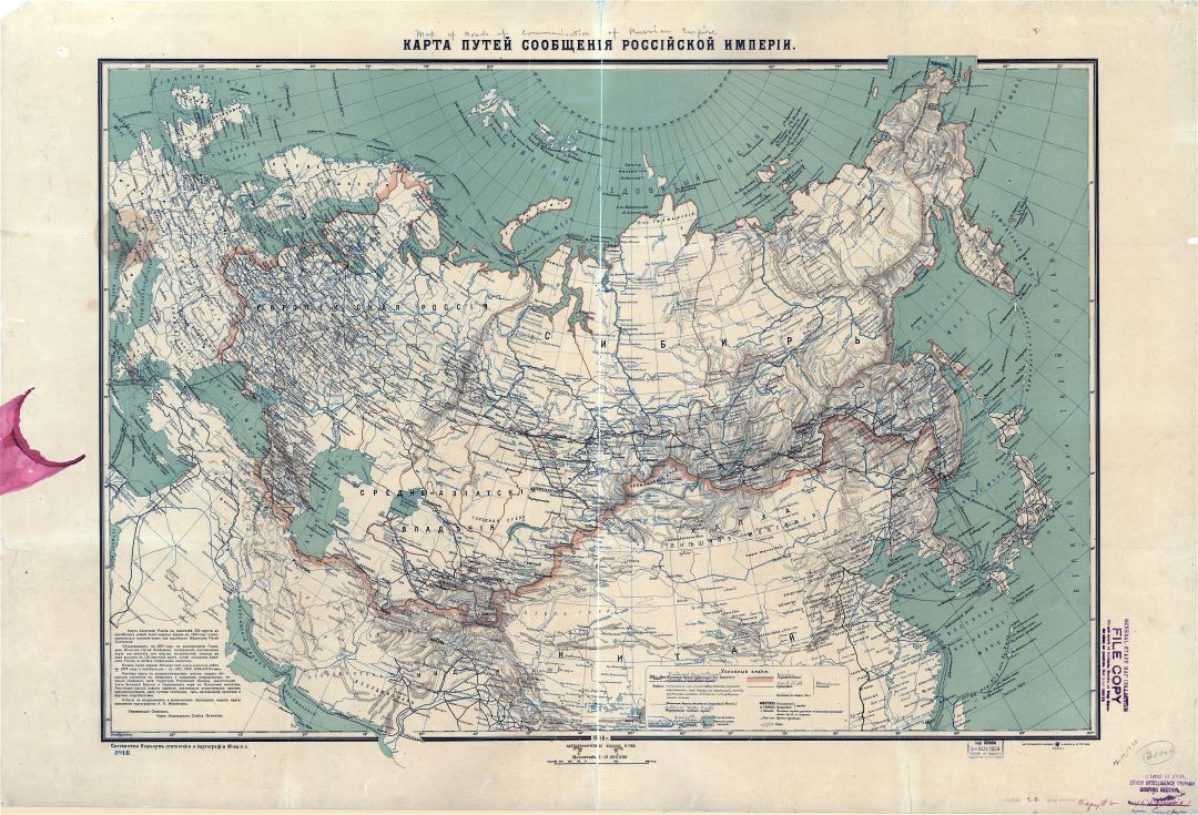 Gran mapa detallado de transporte antigua del Imperio Ruso con alivio, ferrocarriles, ríos navegables, carreteras, líneas de vapores y ciudades - 1916