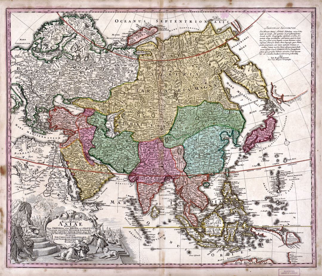 Gran viejo mapa político antigua detaile de Asia - 1743