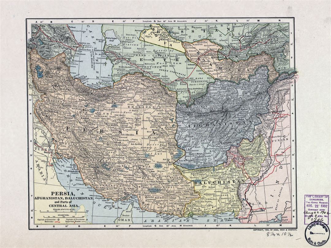 Mapa grande antigua detallada de Persia, Afganistán, Baluchistán y partes de Asia Central - 1902