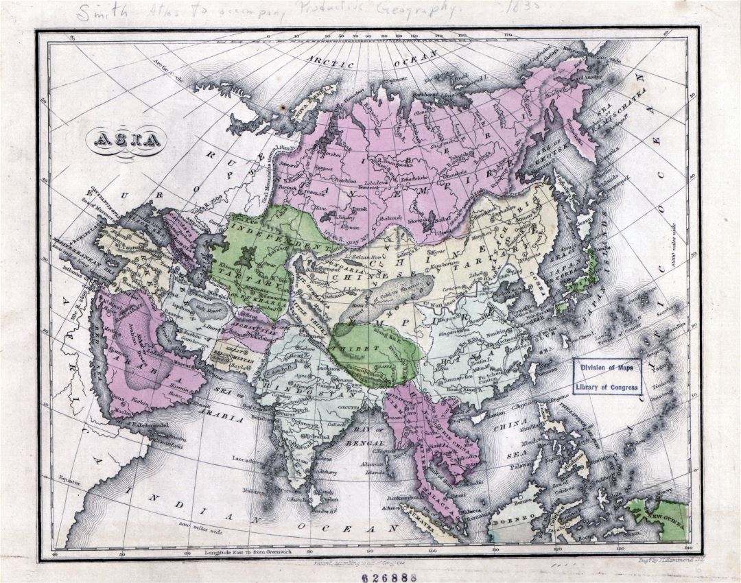 Mapa grande de edad detallado de Asia - 1835
