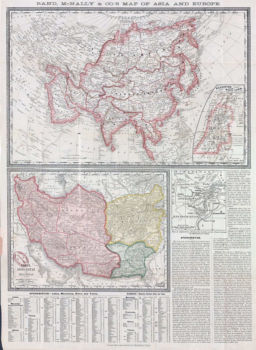 Viejo mapa a gran escala de Palestina o la Tierra Santa con Persia, Afganistán y Beluchistán - 1885