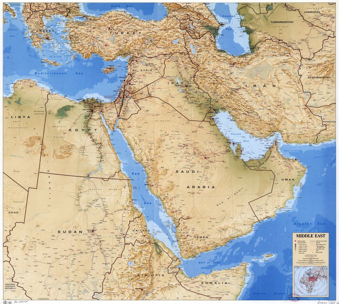 Gran escala detallada mapa político del Medio Oriente con alivio, carreteras, ferrocarriles, aeropuertos y ciudades - 1993