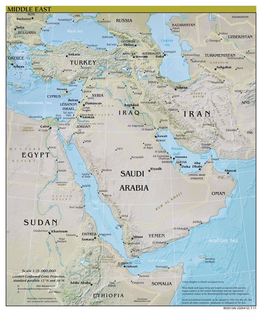 Gran escala detallada mapa político del Medio Oriente con alivio, las principales ciudades y capitales - 2011