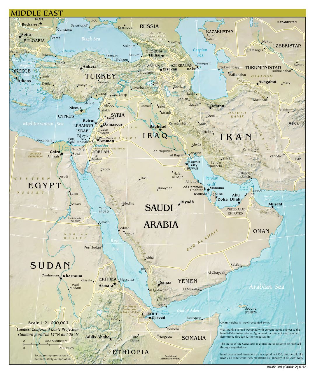 Gran escala detallada mapa político del Medio Oriente con alivio, las principales ciudades y capitales - 2012