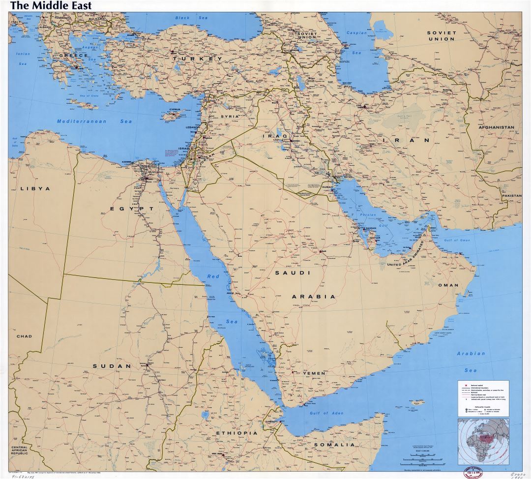 Gran escala detallada mapa político del Medio Oriente con carreteras, ferrocarriles, aeropuertos y ciudades - 1990