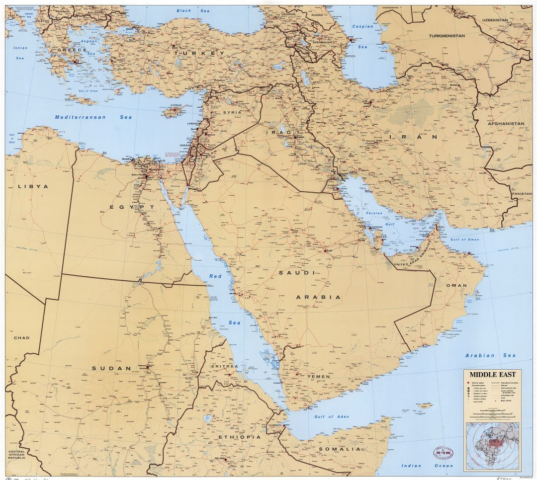 Gran escala detallada mapa político del Medio Oriente con carreteras, ferrocarriles, aeropuertos y ciudades - 1993
