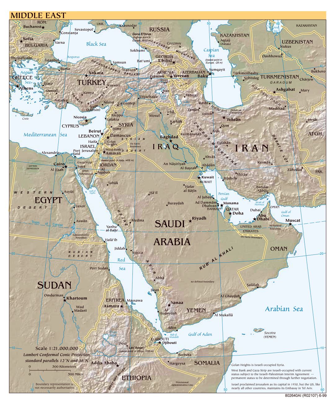 Mapa a gran escala política del Oriente Medio con alivio, las principales ciudades y capitales - 1999