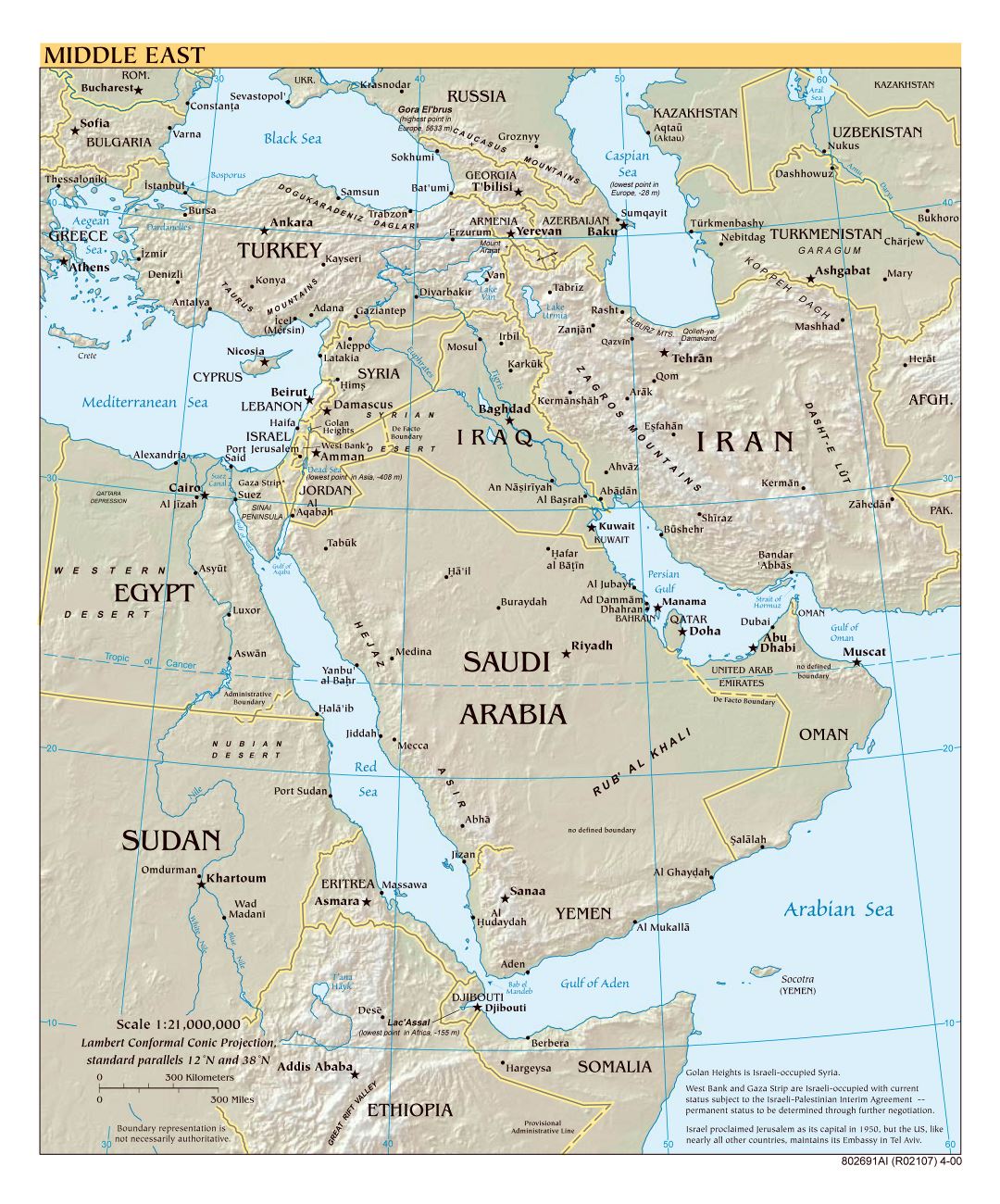 Mapa a gran escala política del Oriente Medio con alivio, las principales ciudades y capitales - 2000