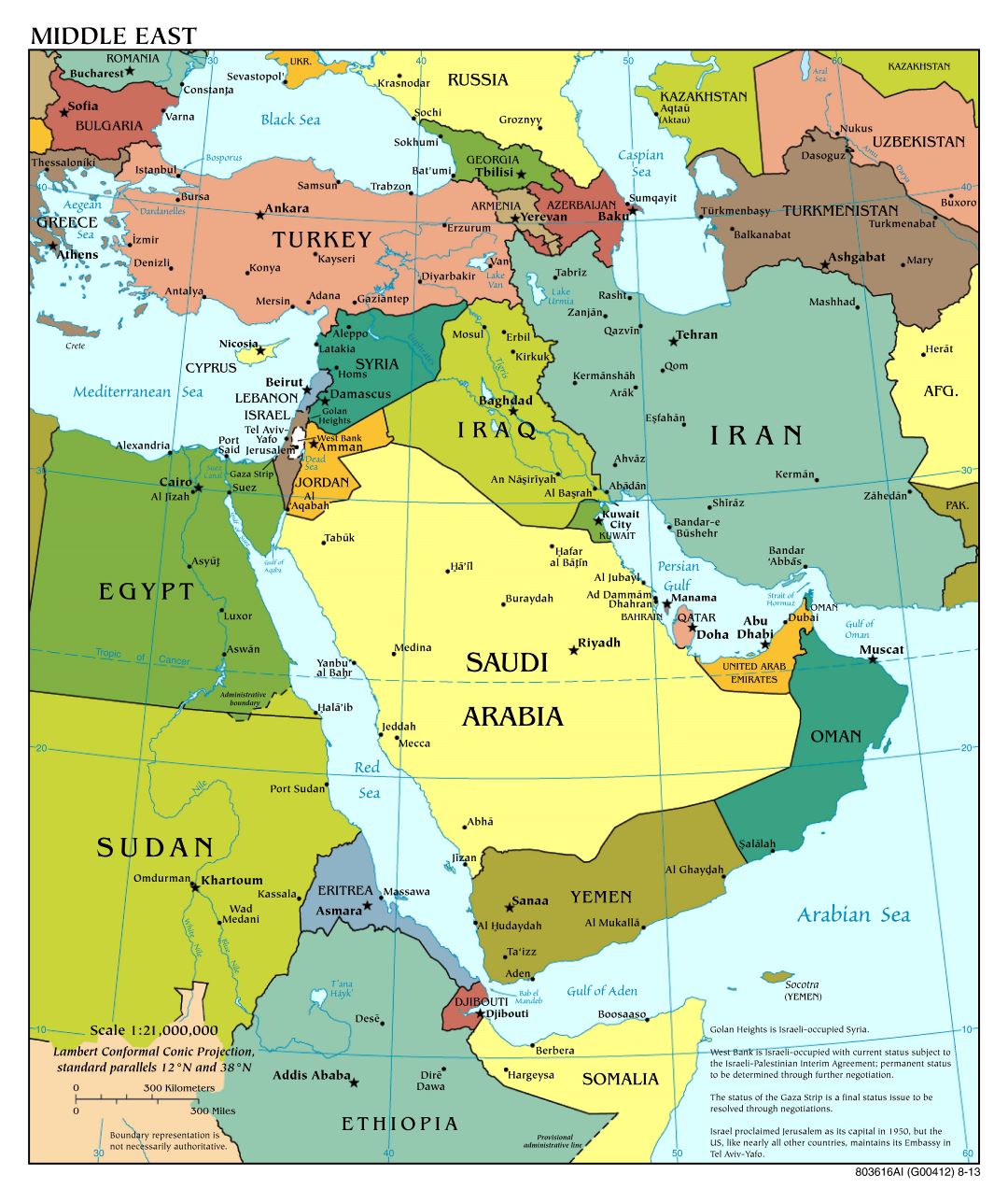Mapa a gran escala política del Oriente Medio con las principales ciudades - 2013
