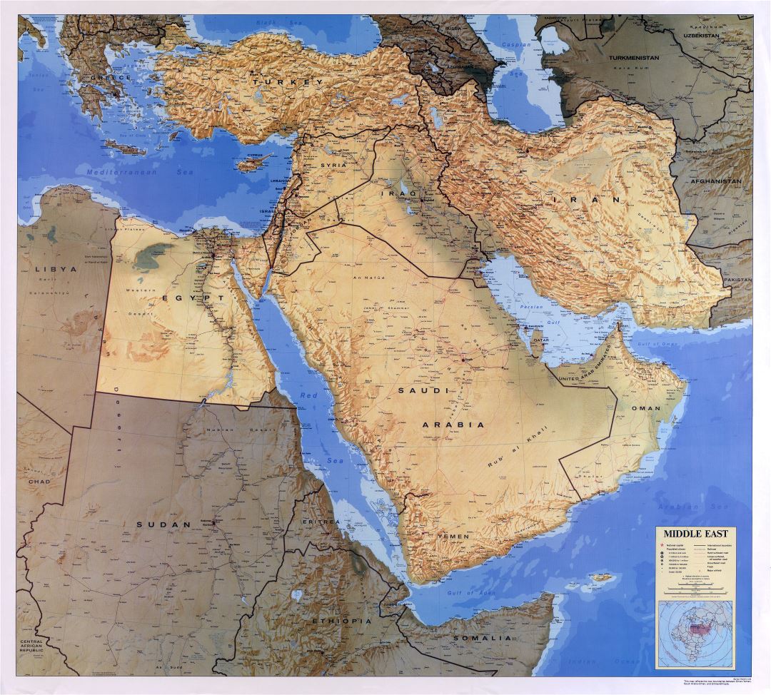 Mapa grande detallada escala de Oriente Medio, con alivio, carreteras, ferrocarriles, aeropuertos y ciudades - 1993