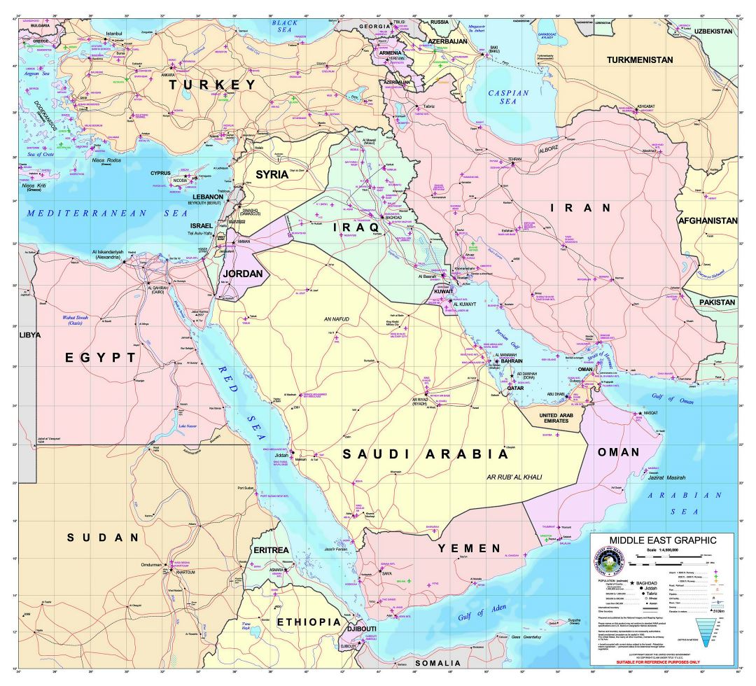 Mapa grande gráfico detallado de Oriente Medio, con carreteras y todos los aeropuertos - 2003