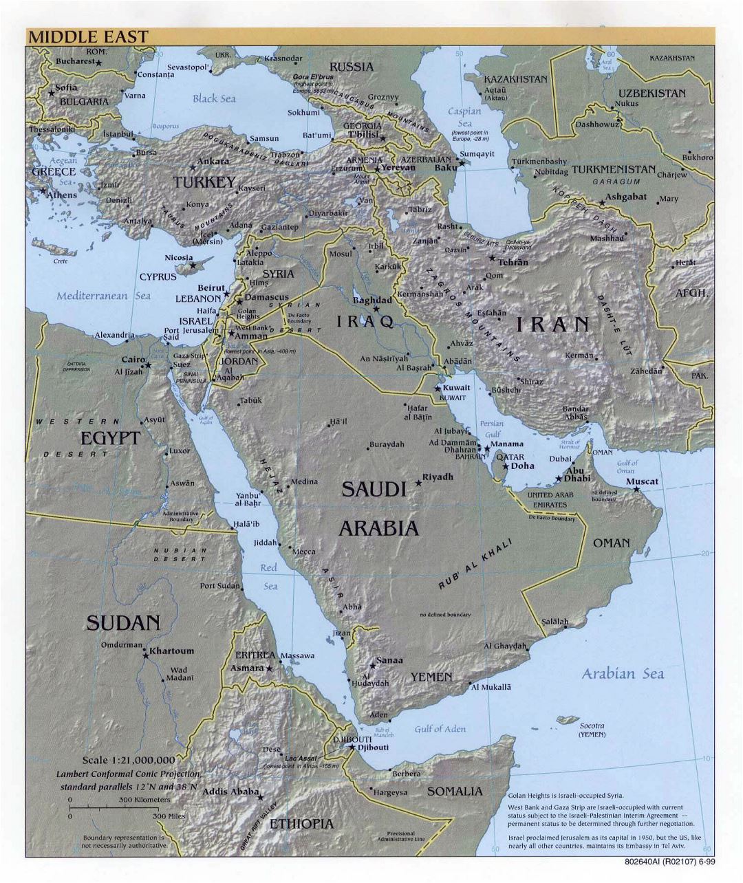 Mapa grande política detallada de Oriente Medio, con alivio, las principales ciudades y capitales - 1999