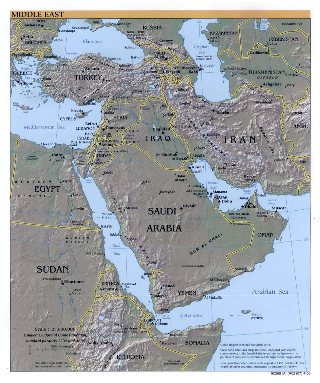 Mapa grande política detallada de Oriente Medio, con alivio, las principales ciudades y capitales - 2000