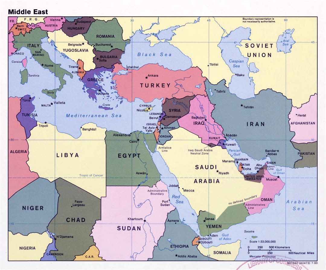 Mapa grande política detallada de Oriente Medio con las capitales y principales ciudades - 1990
