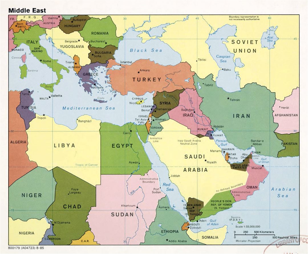 Mapa grande política detallada de Oriente Medio con las principales ciudades y capitales - 1985