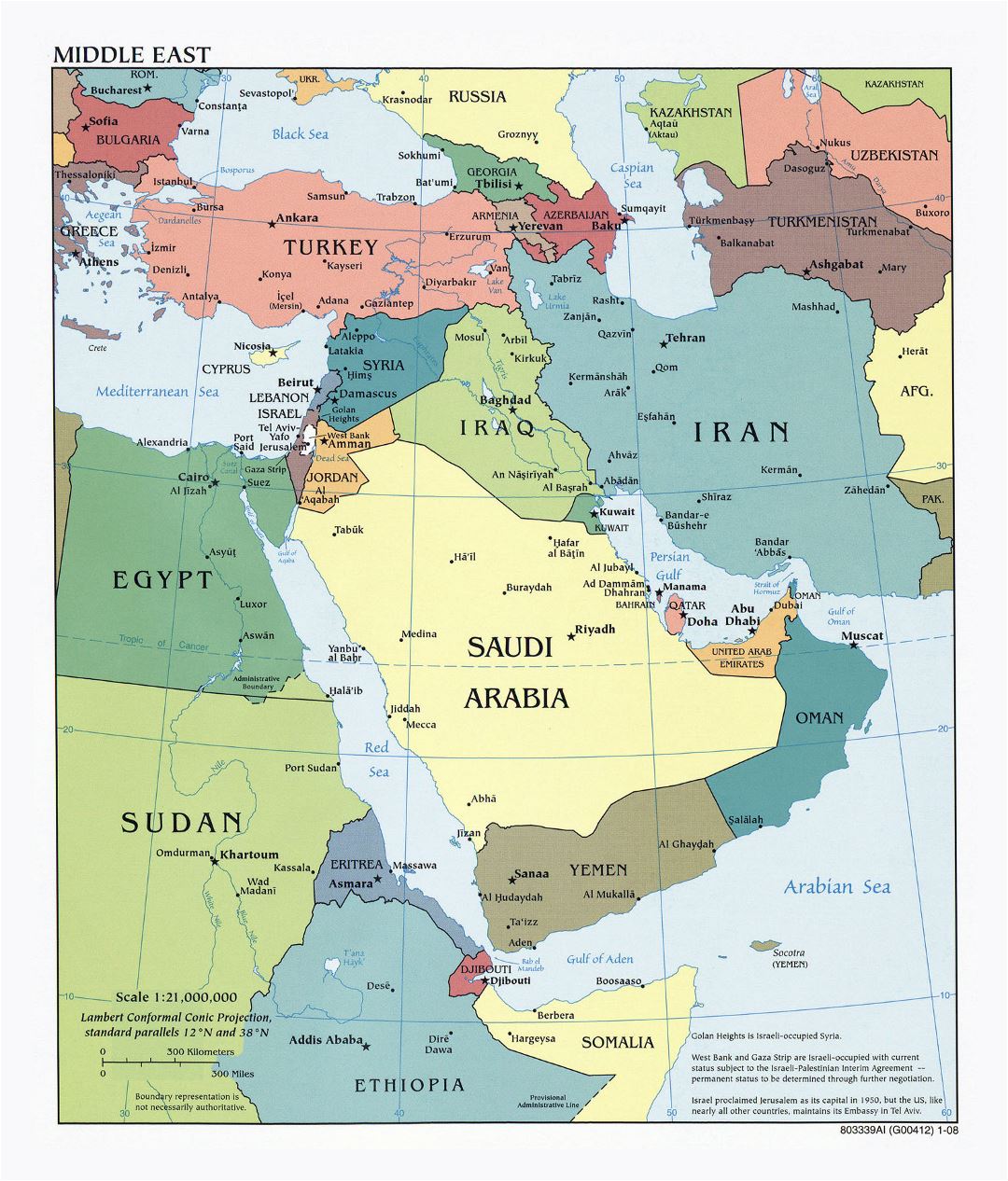 Mapa grande política detallada de Oriente Medio con las principales ciudades y capitales - 2008
