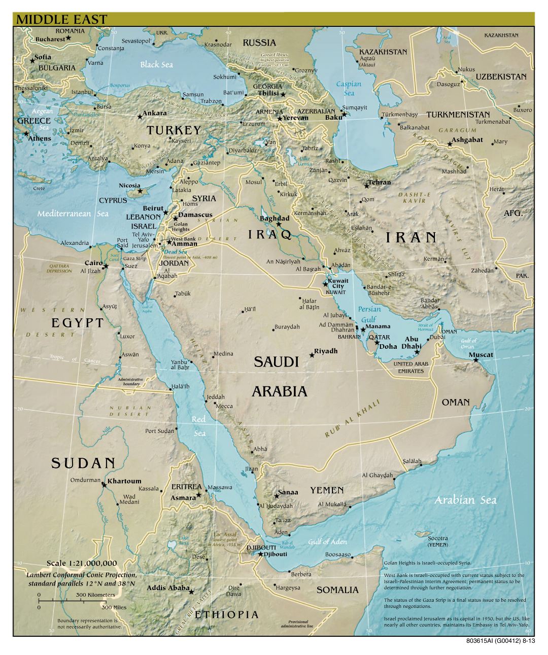 Mapa político a gran escala de Oriente Medio con alivio y las principales ciudades - 2013