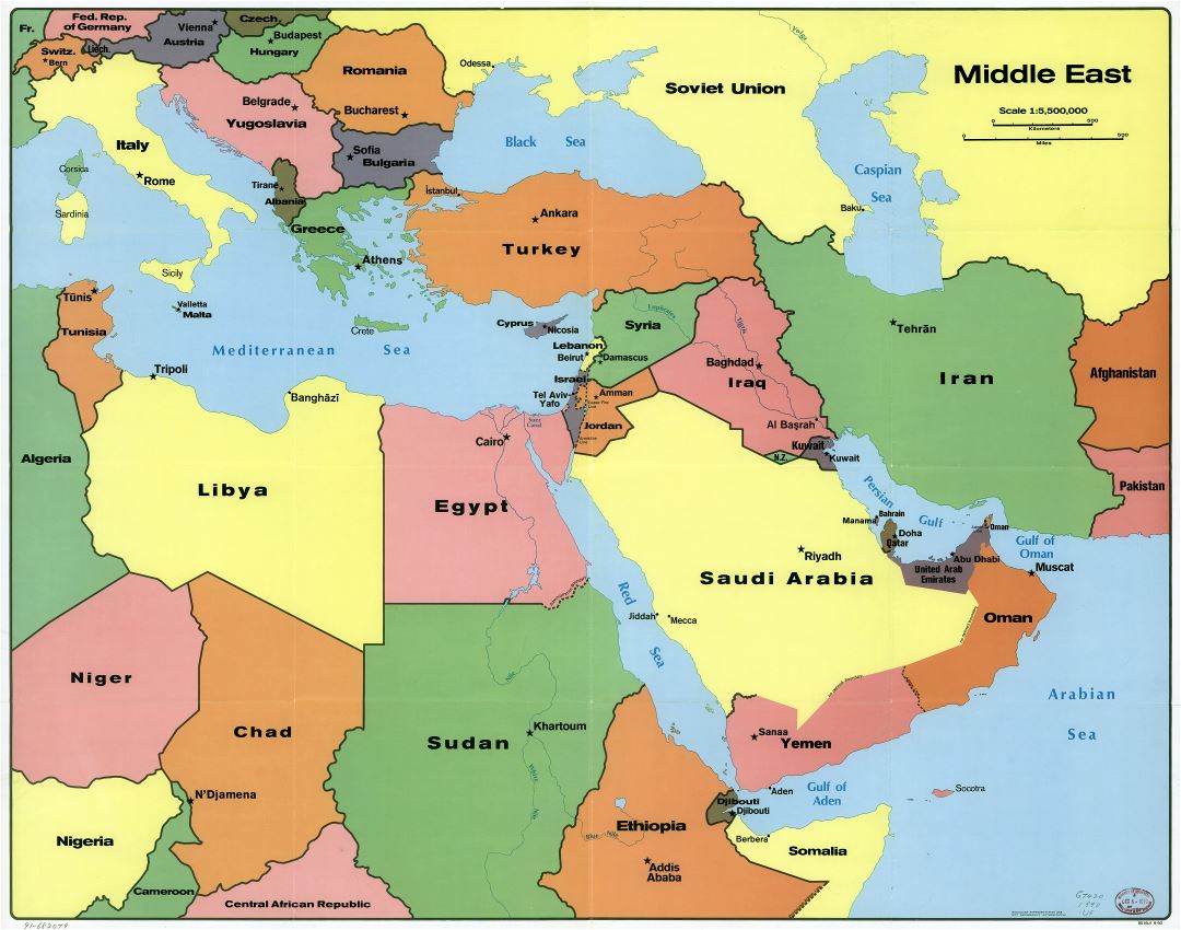Mapa político a gran escala de Oriente Medio, con capitales - 1990