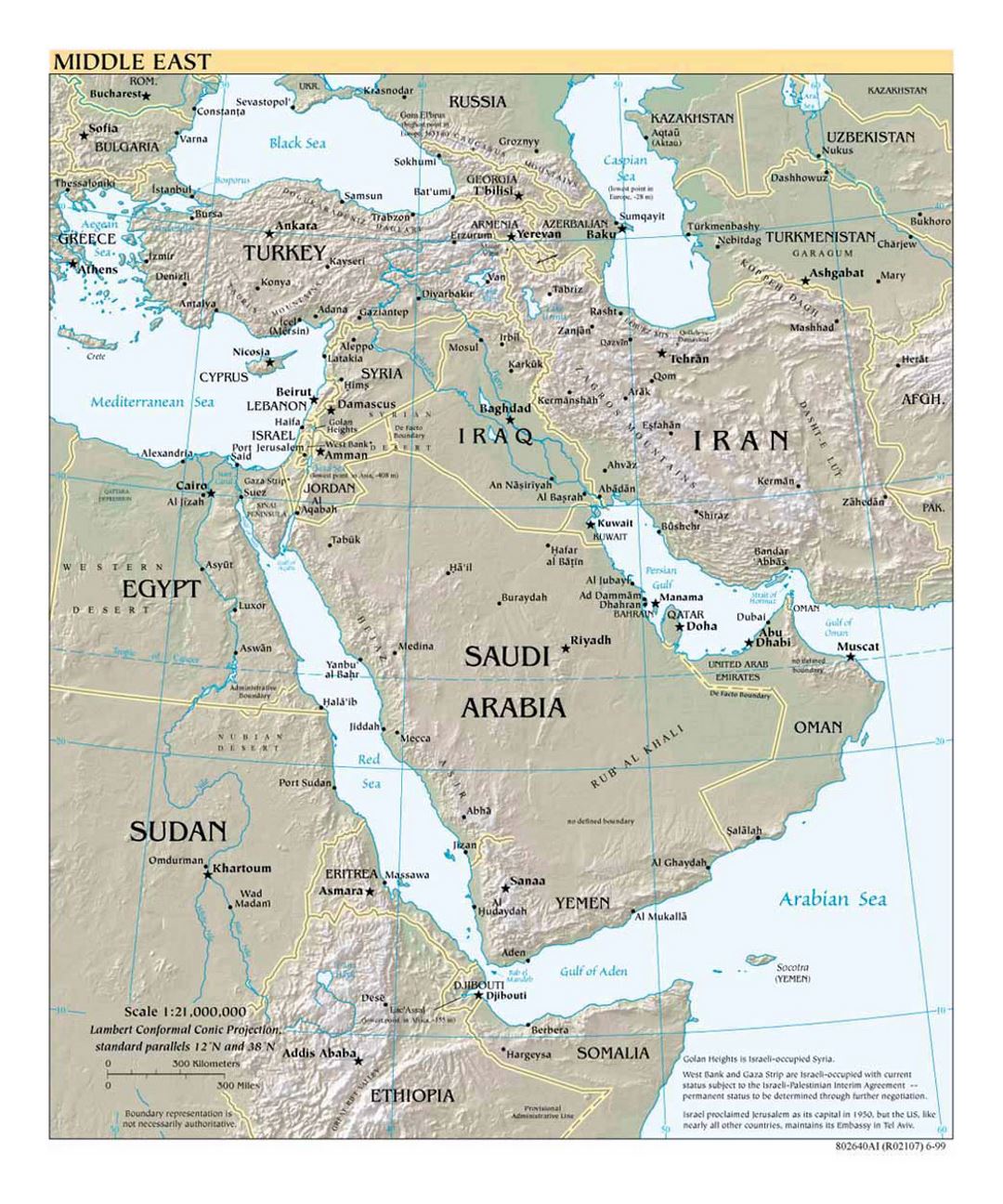 Mapa político detallada del Oriente Medio con alivio - 1999