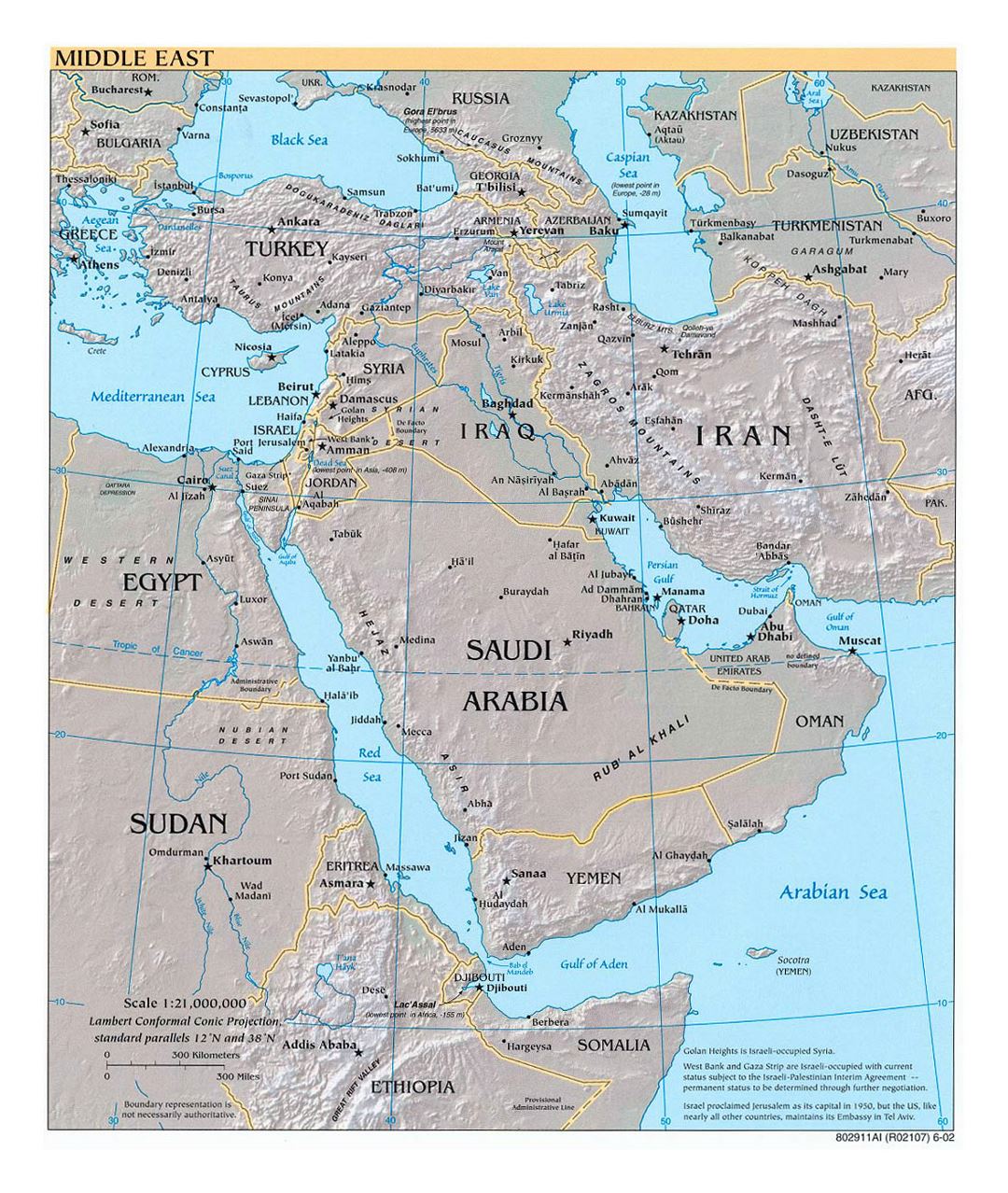 Mapa político detallada del Oriente Medio, con alivio, las principales ciudades y capitales - 2002