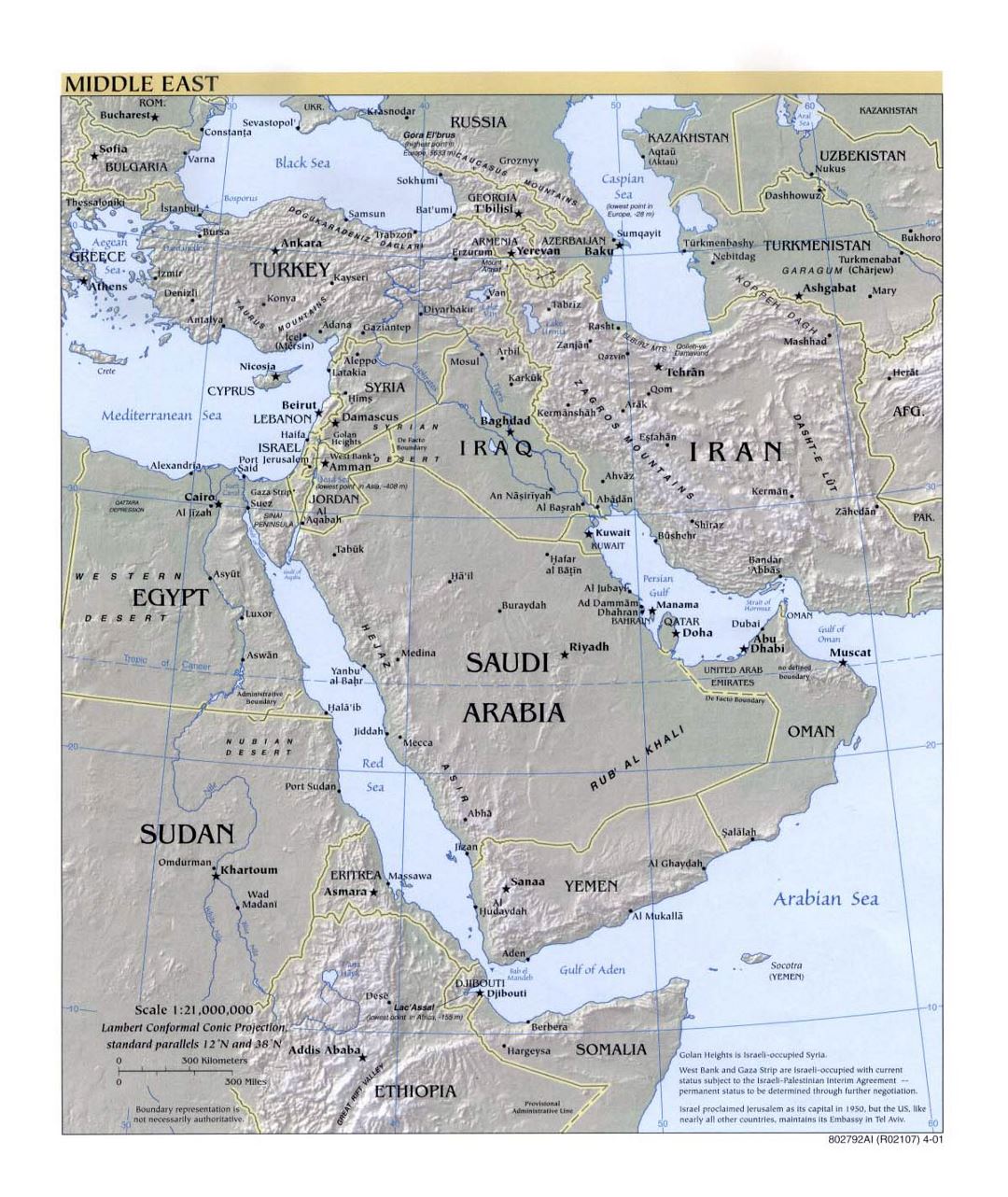 Mapa político detallada del Oriente Medio con alivio y capitales - 2001