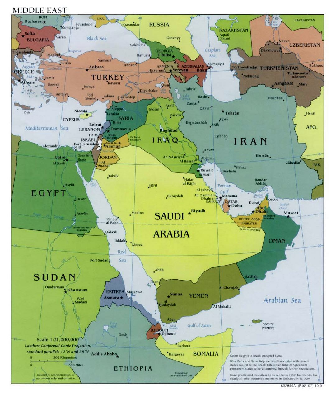 Mapa político detallada del Oriente Medio, con capitales - 2001