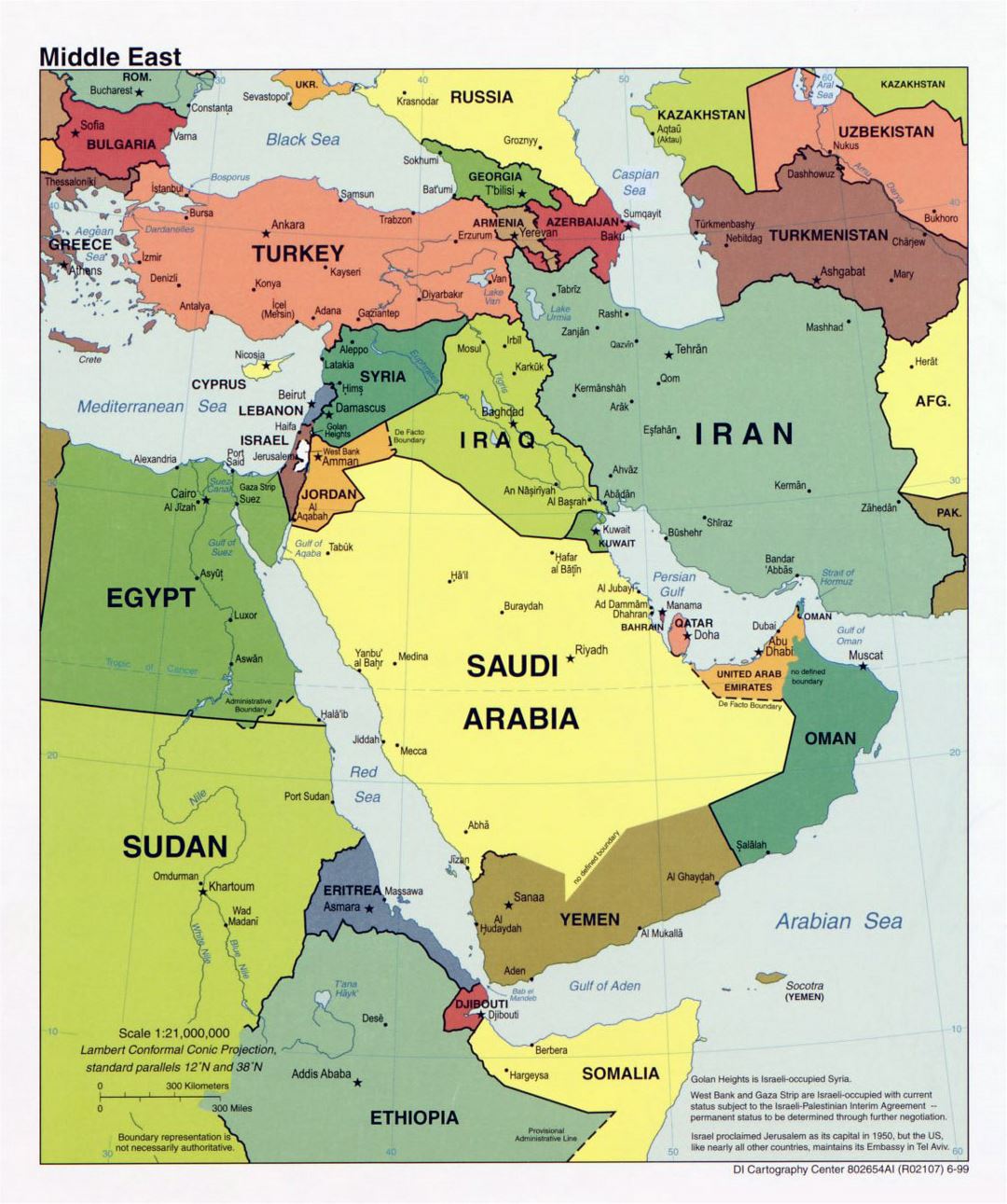 Mapa político detallada del Oriente Medio con las principales ciudades y capitales - 1999