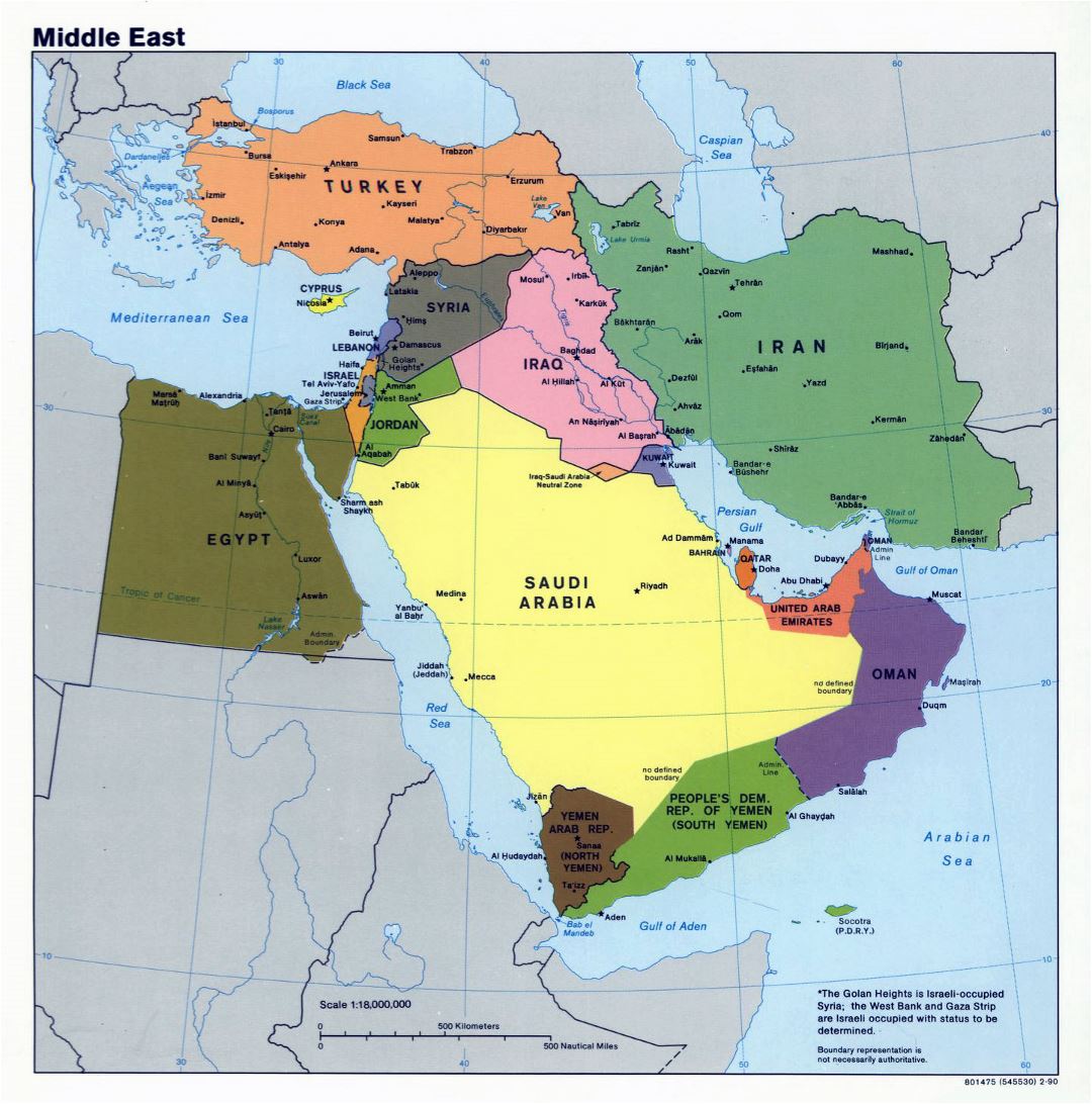 Mapa político grande de Oriente Medio - 1990