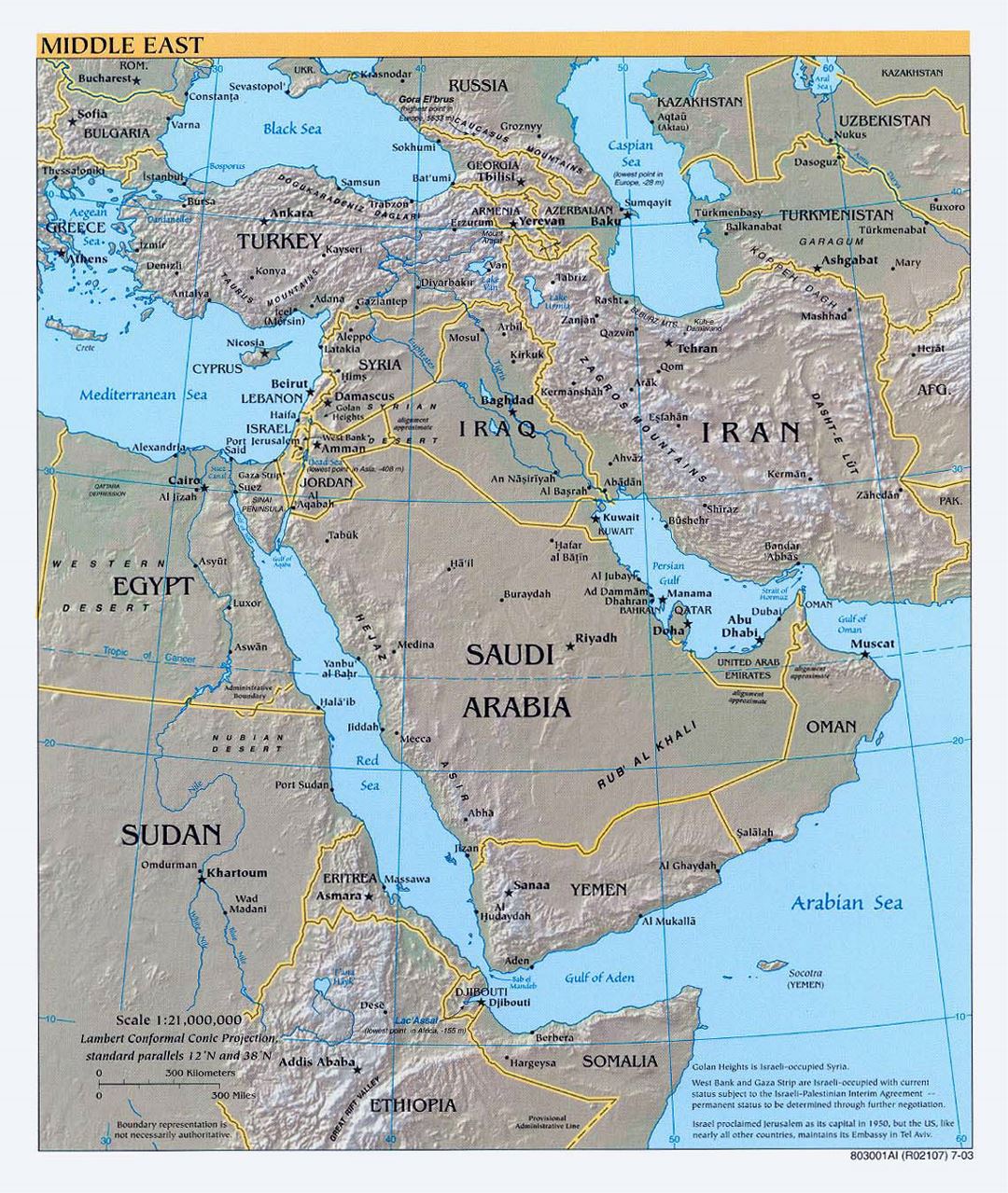 Mapa político grande de Oriente Medio, con alivio, las principales ciudades y capitales - 2003