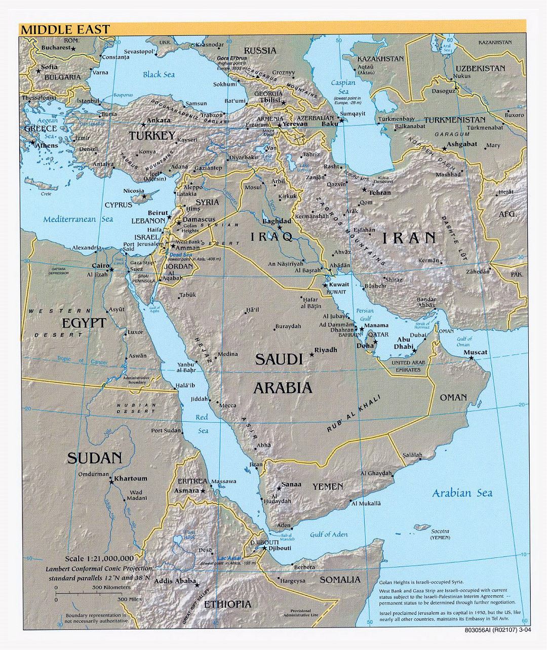 Mapa político grande de Oriente Medio, con alivio, las principales ciudades y capitales - 2004