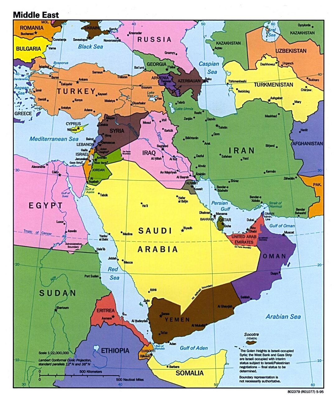 Mapa político grande de Oriente Medio con las principales ciudades y capitales - 1995