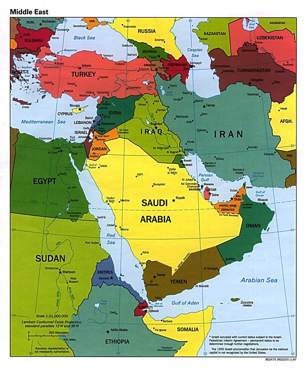 Mapa político grande de Oriente Medio con las principales ciudades y capitales - 1997