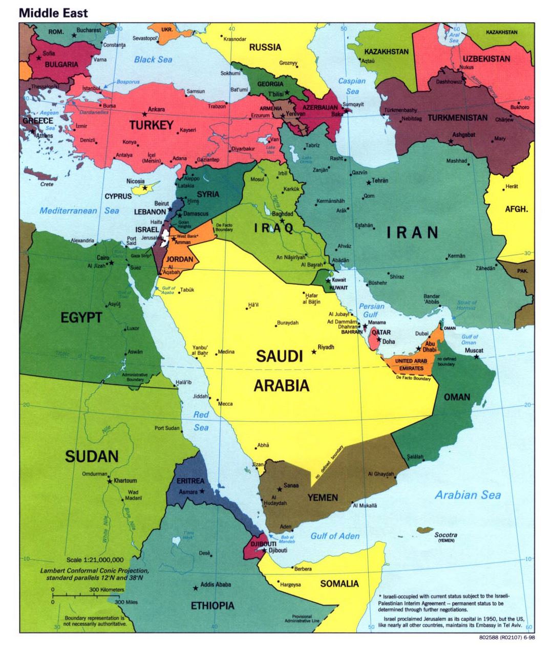 Mapa político grande de Oriente Medio con las principales ciudades y capitales - 1998