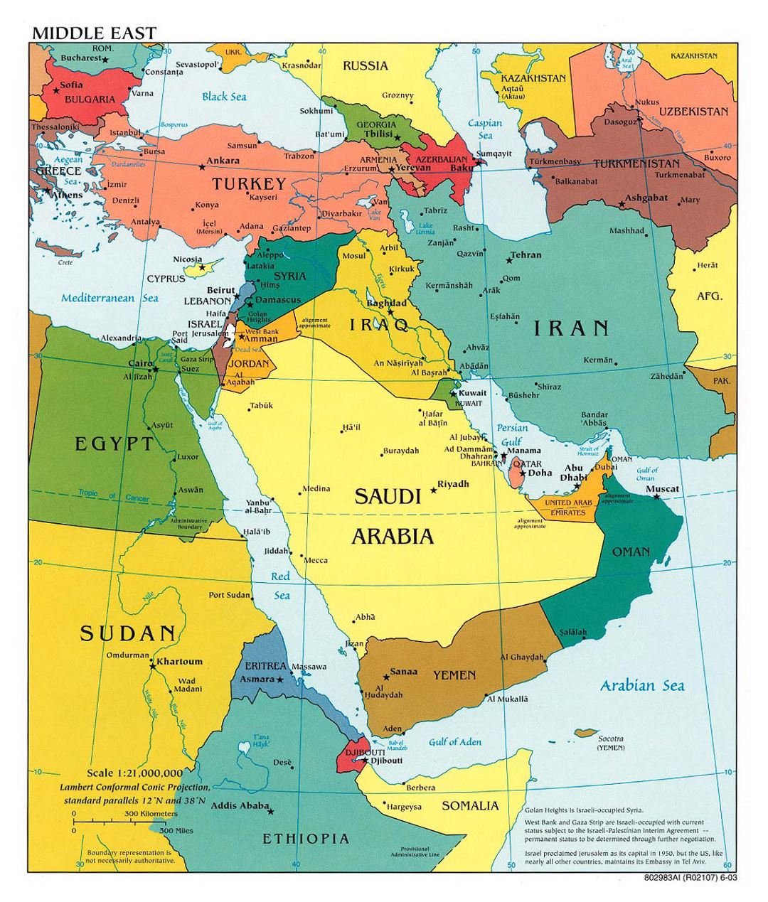 Mapa político grande de Oriente Medio con las principales ciudades y capitales - 2003