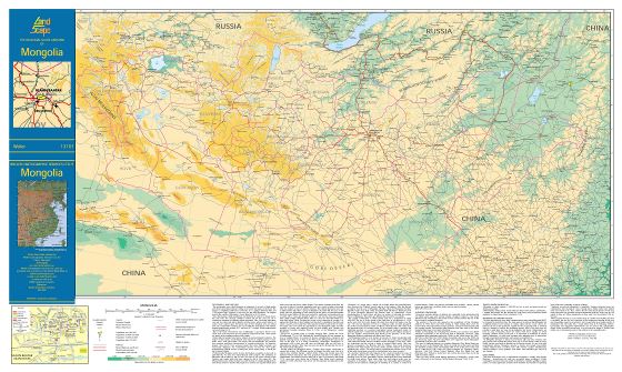 A gran escala mapa de elevación de Mongolia con todas las carreteras, ciudades y otras marcas