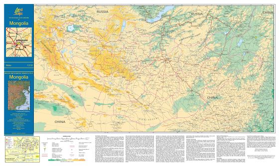 A gran escala mapa de elevación de Mongolia con todas las carreteras, ciudades y otras marcas