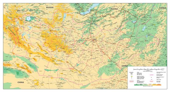 A gran escala mapa físico de Mongolia con carreteras, ferrocarriles, ciudades y otras marcas