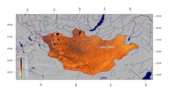 Detallado mapa físico de Mongolia