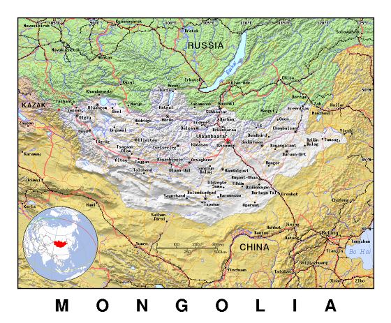 Detallado mapa político de Mongolia con relieve