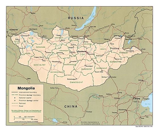 Detallado mapa político y administrativo de Mongolia con carreteras, ferrocarriles y principales ciudades - 1996